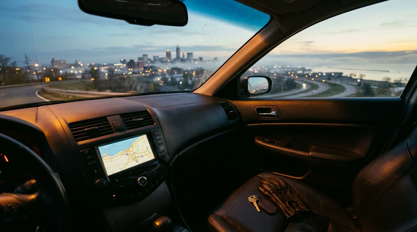 A wide, warm-lit shot of a dashboard at night shows a GPS map zoomed out to cover Northeast Ohio. A single key and a leath...