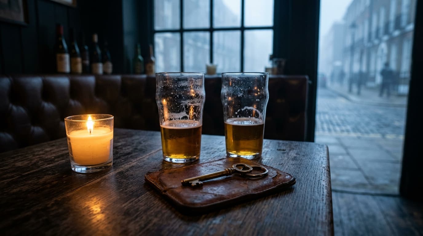 A candle-lit, tight medium shot inside a dimly lit booth. Two half-empty craft beer glasses sit on a dark wooden table nex...