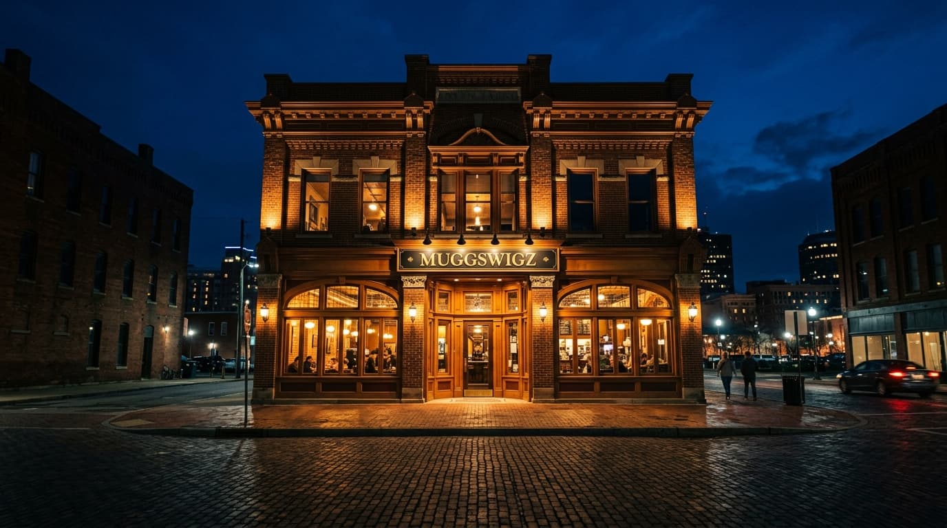 A low-angle, 24mm wide-angle hero shot of the illuminated Muggswigz coffee house facade at midnight. The symmetric composi...