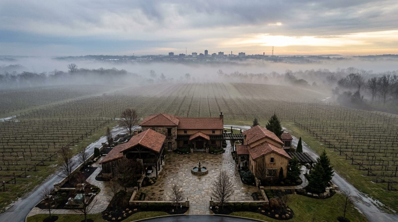 An overhead flat-lay of the stone-paved courtyard at Gervasi Vineyard during an overcast morning. The quiet, empty wine es...