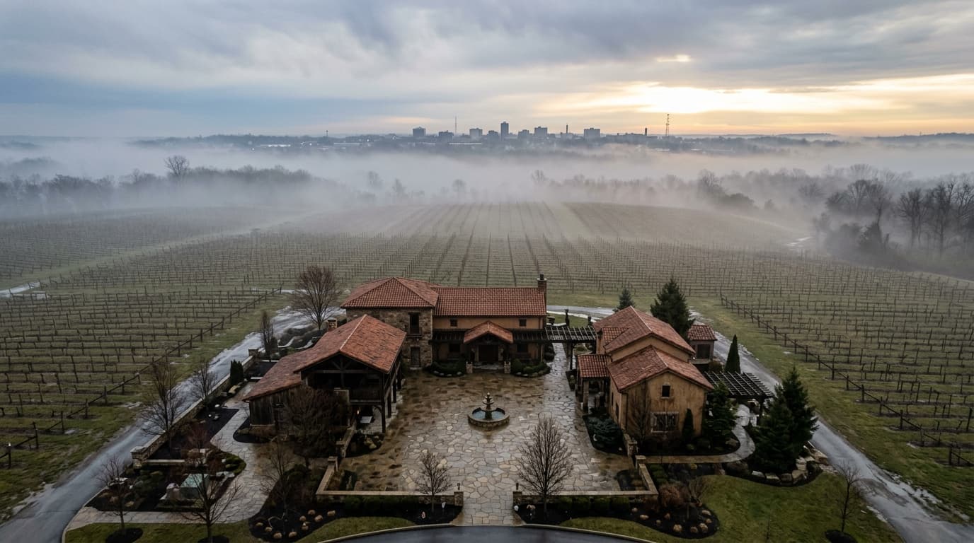 An overhead flat-lay of the stone-paved courtyard at Gervasi Vineyard during an overcast morning. The quiet, empty wine es...