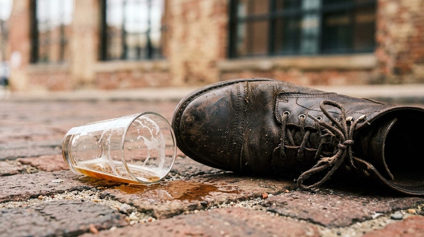 A 100mm macro shot captures a weathered leather boot resting on a downtown brick sidewalk, beside a spilled craft beer gla...