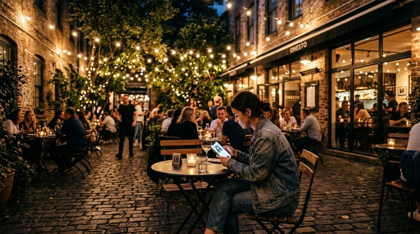 A wide-angle, night-time shot of the Onesto courtyard, glowing with warm string lights. A woman in a denim jacket sits alo...