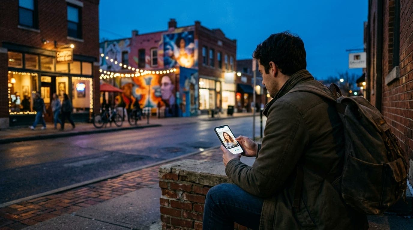 Over-the-shoulder perspective of a man holding a smartphone displaying a Tinder profile. In the lower third, he sits on a...