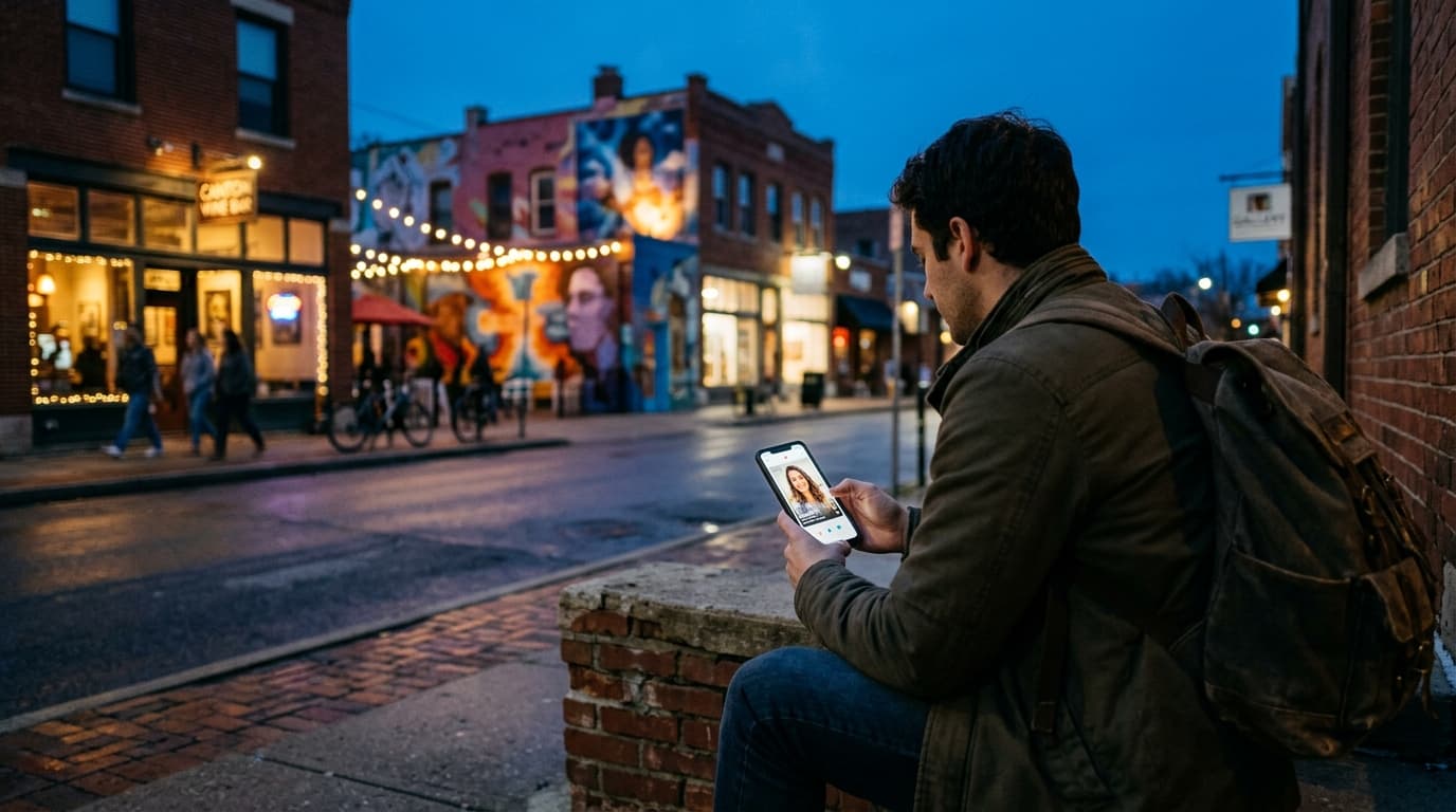 Over-the-shoulder perspective of a man holding a smartphone displaying a Tinder profile. In the lower third, he sits on a...