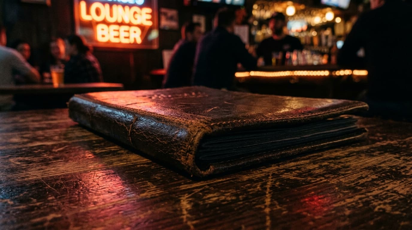 A close-up shot of a leather-bound menu resting on a rustic, dimly lit wooden table inside George’s Lounge, illuminated by...