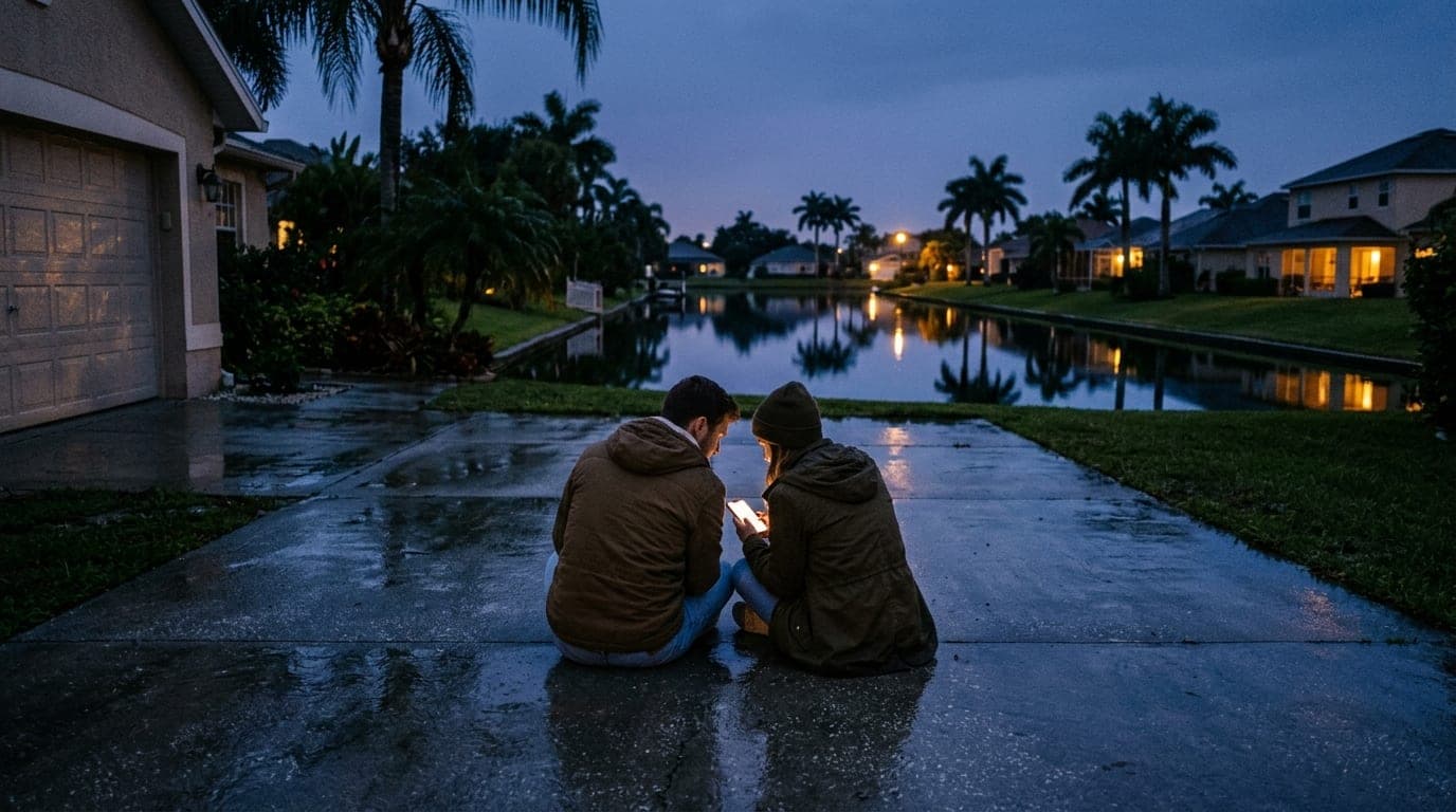A couple sits on a rain-slicked suburban driveway at dusk, illuminated by the warm glow of a smartphone. In the background...