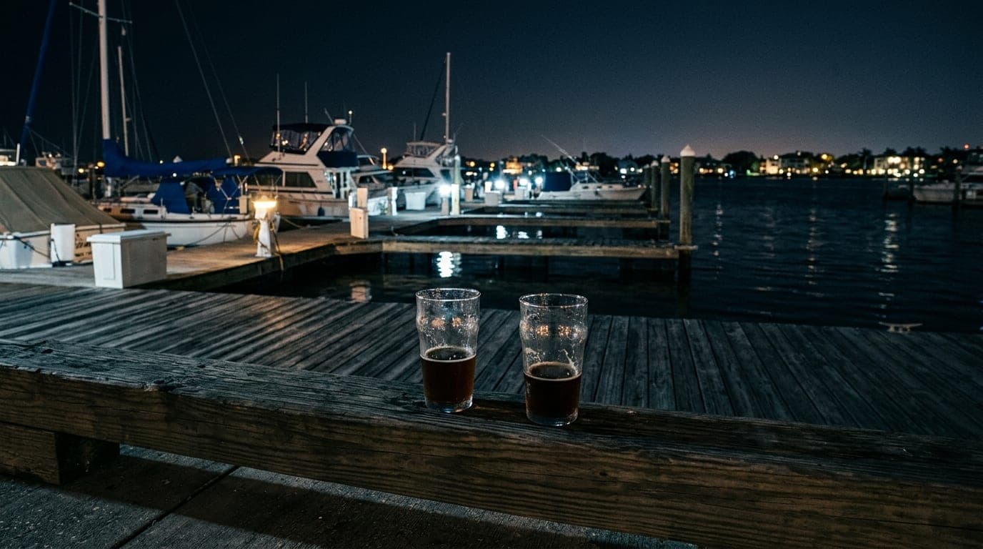 A low-angle shot from the pavement of a weathered wooden dock at Tarpon Point. In the lower third, two half-empty craft be...