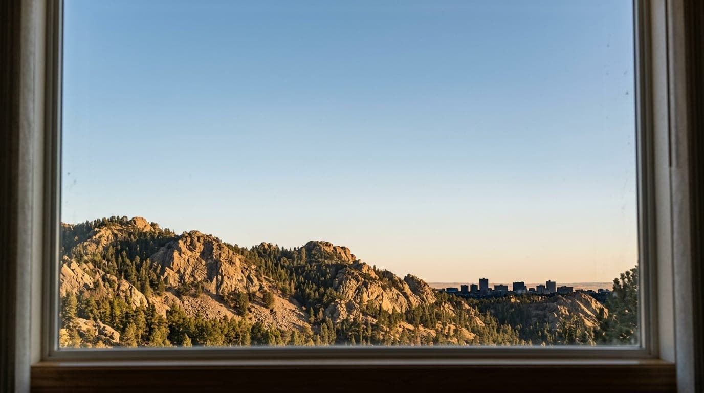 A rugged, sun-drenched Casper Mountain peak rises in the lower third, captured through a window at noon. Crisp, natural li...