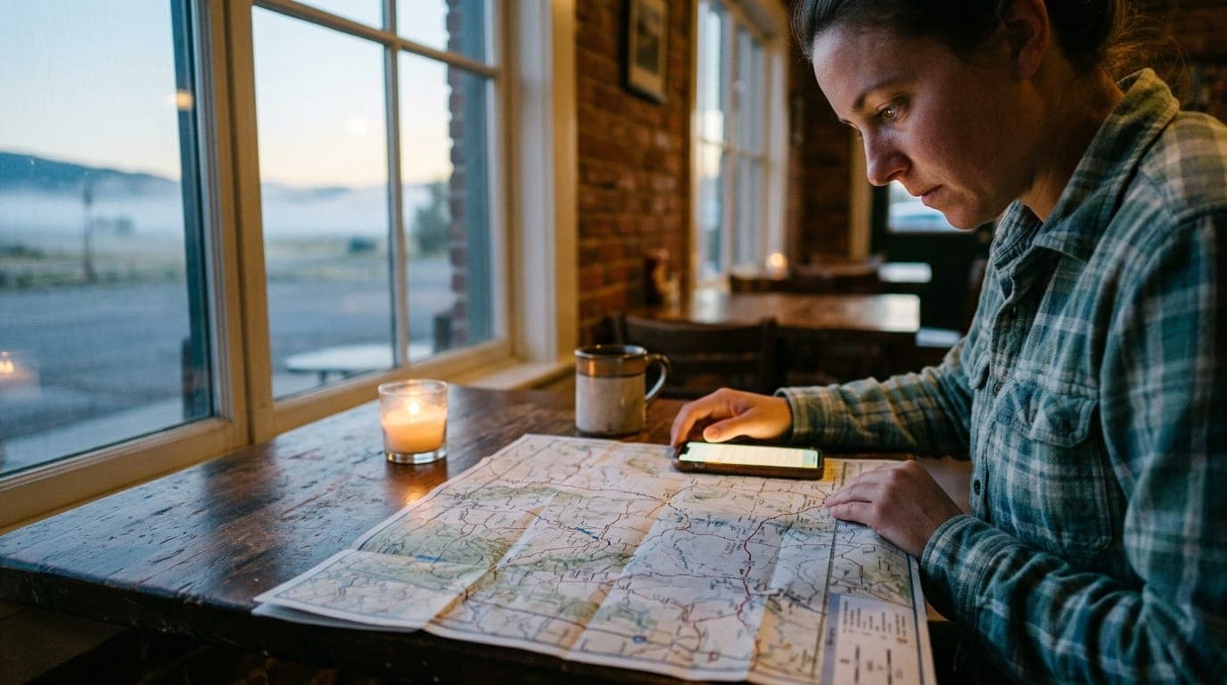 A medium shot, offset right: a person in a flannel shirt studies a worn Wyoming highway map at a wooden café table, a glow...