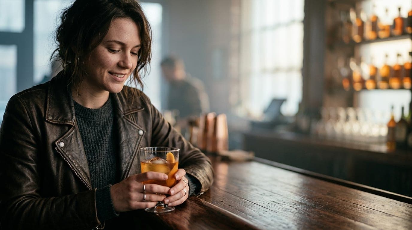 A close-up, shallow depth of field shot captures a woman in a leather jacket holding a craft cocktail glass at a dark wood...