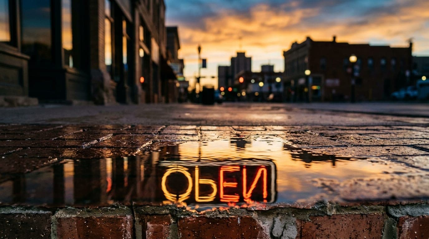 Extreme macro, 50mm shot of a glowing, vintage neon "Open" sign reflection on a rain-slicked downtown Casper brick storefr...