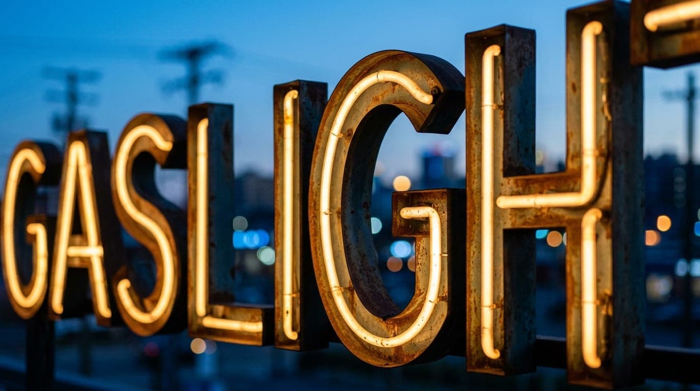 A 100mm macro shot captures the intricate, glowing metal letters of the vintage Gaslight Social exterior sign. The deep bl...