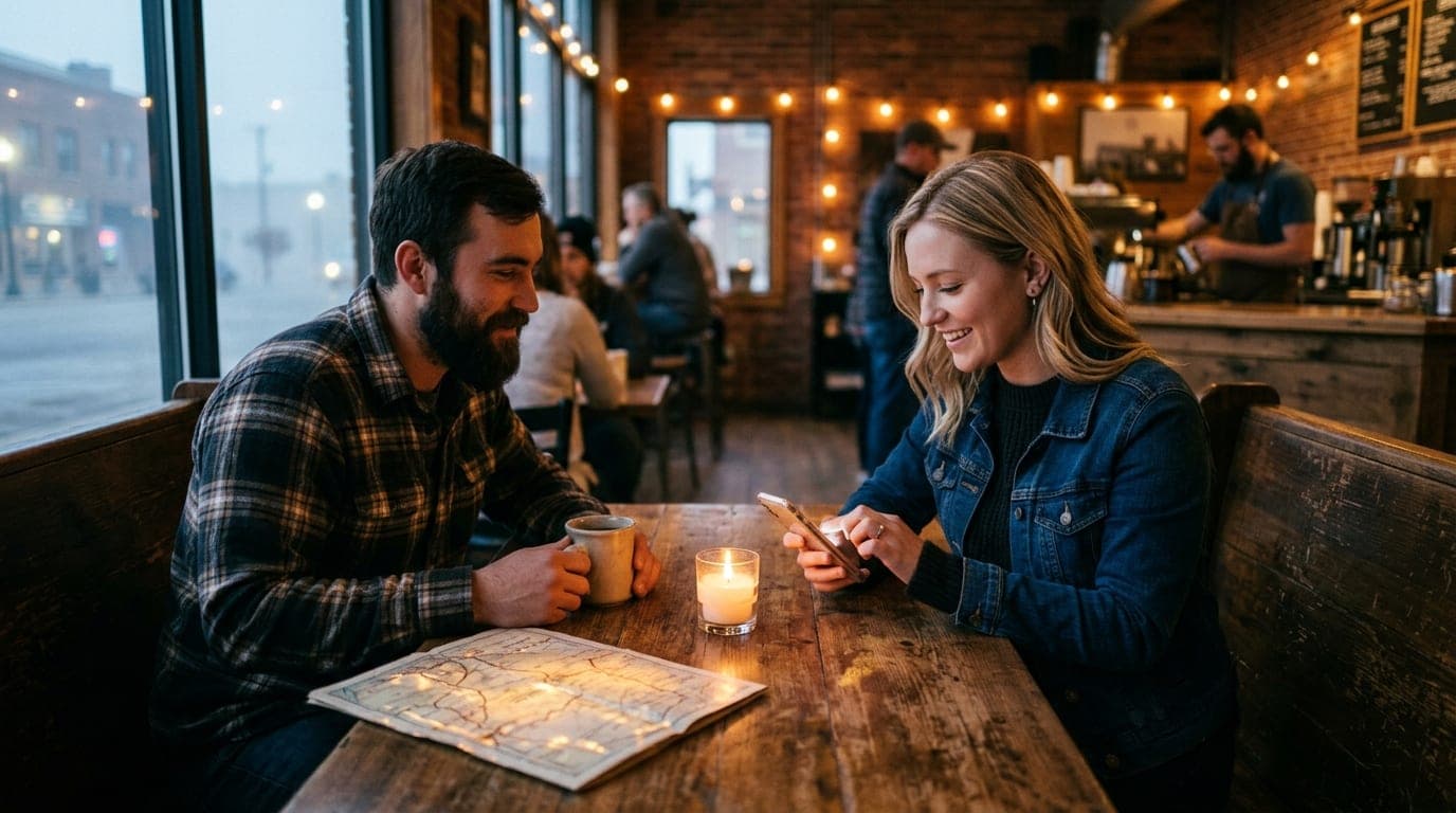 A couple sits in a candle-lit booth at a downtown Casper cafe. A woman in a denim jacket swipes on a smartphone, offset ri...