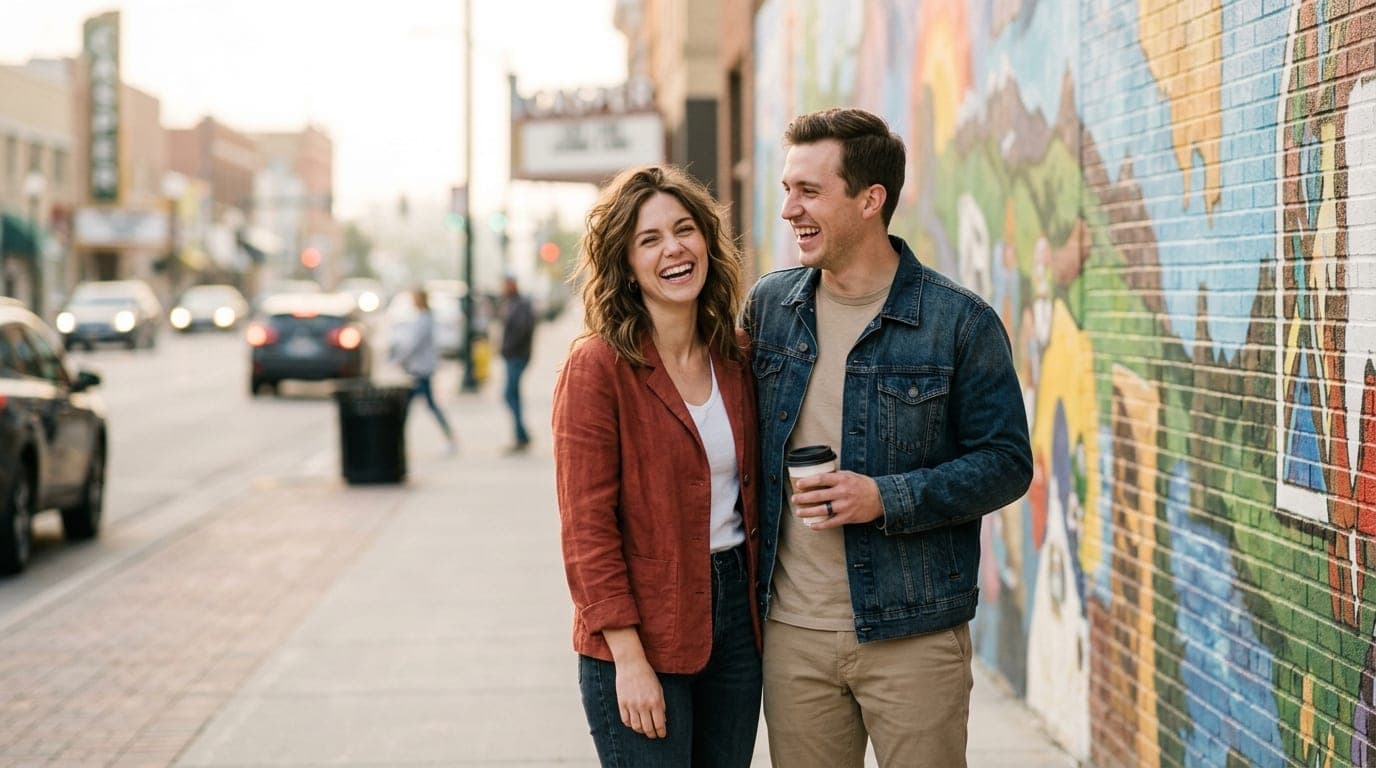 A couple in casual summer layers stands before a vibrant downtown Casper mural. Sunlight illuminates their laughing faces,...