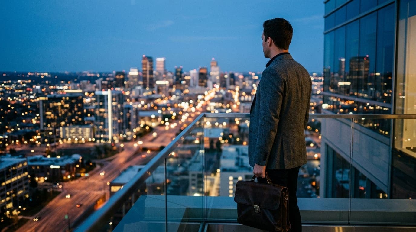 Blue hour, tilt-shift focus on a man in a crisp charcoal blazer holding a leather briefcase, standing on a sleek, glass-wa...
