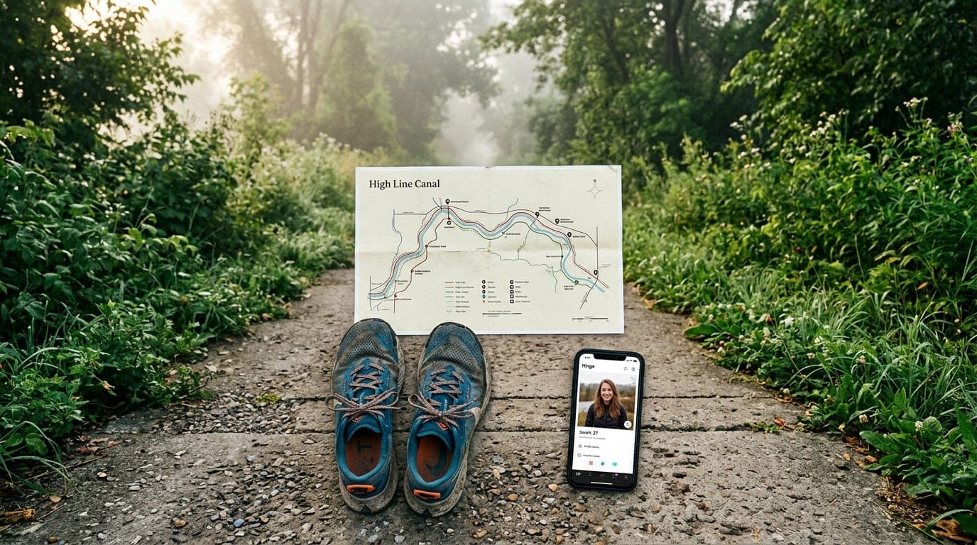 Overhead flat-lay of a trail map of the High Line Canal, a pair of worn running sneakers, and a smartphone displaying a Hi...