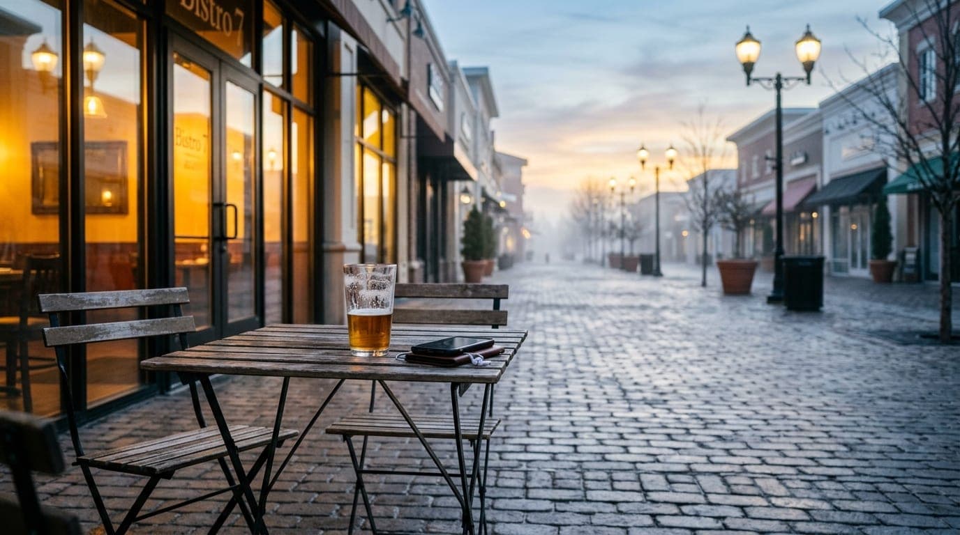 Wide shot of an empty bistro table at the Streets at SouthGlenn. A half-finished craft beer and a smartphone lie on the su...