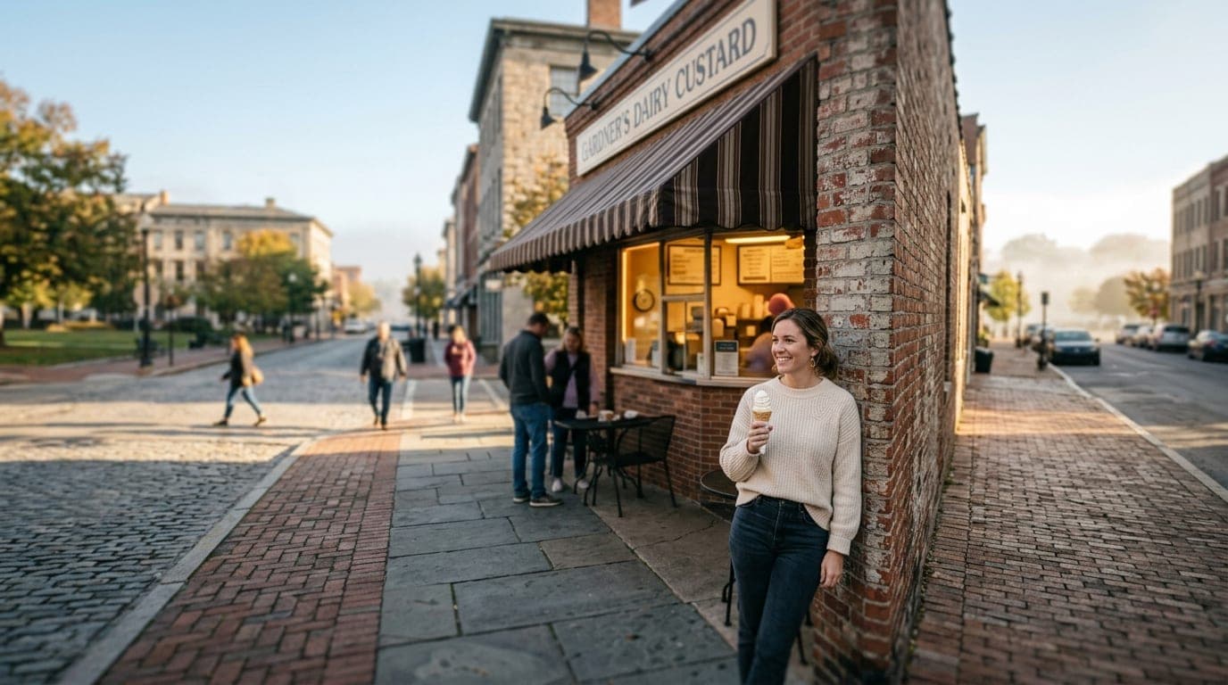 A high-angle, tilt-shift shot of a sunlit Sunday afternoon at a local custard stand. A woman in a casual knit sweater hold...