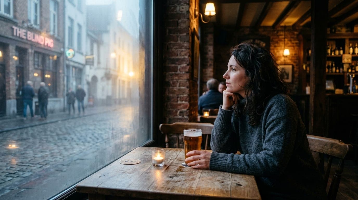 A medium shot, offset right, captures a wooden table inside The Blind Pig. A woman in a charcoal wool sweater rests her ha...