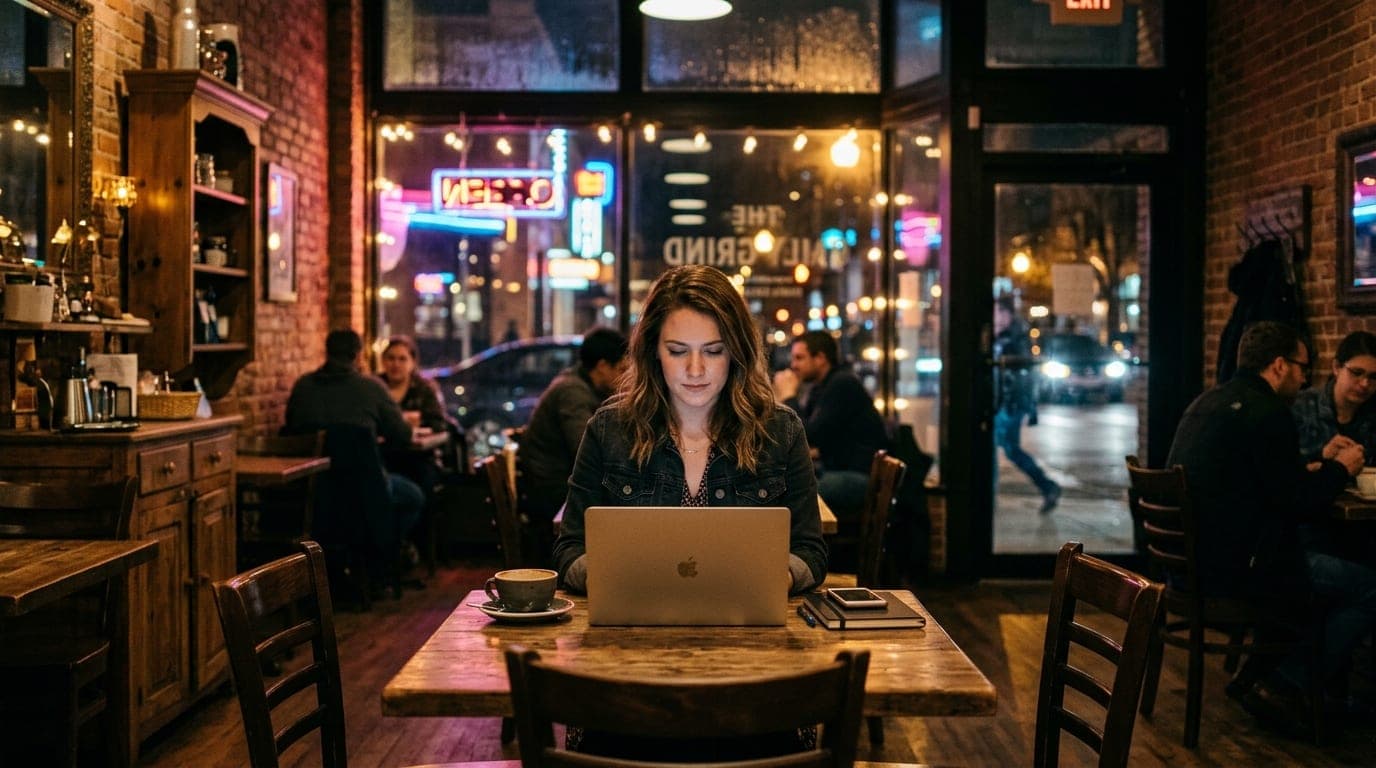 A wide, symmetric shot inside a dimly lit Urbana coffee shop at night. A woman in a denim jacket sits at a wooden table wi...