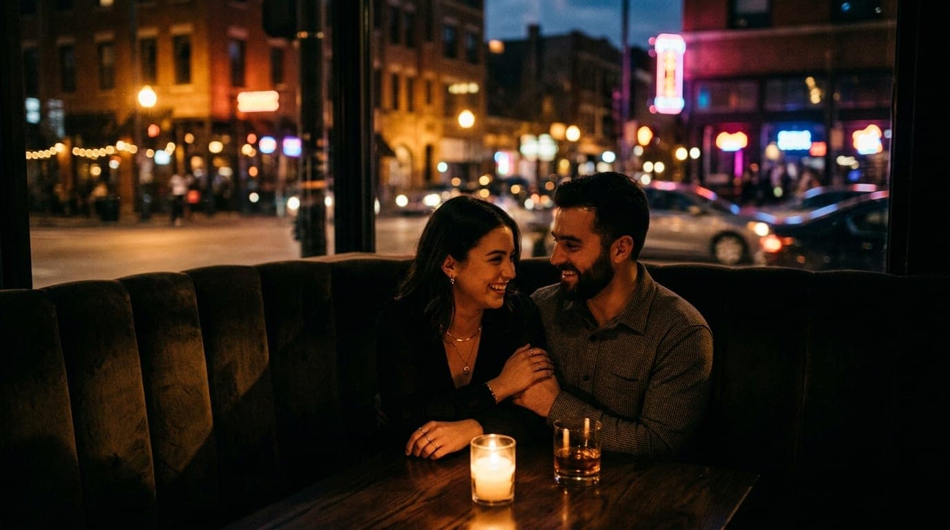 A couple sits in a dark, velvet-lined booth at a lounge. A half-finished glass of whiskey glows under warm candlelight, le...