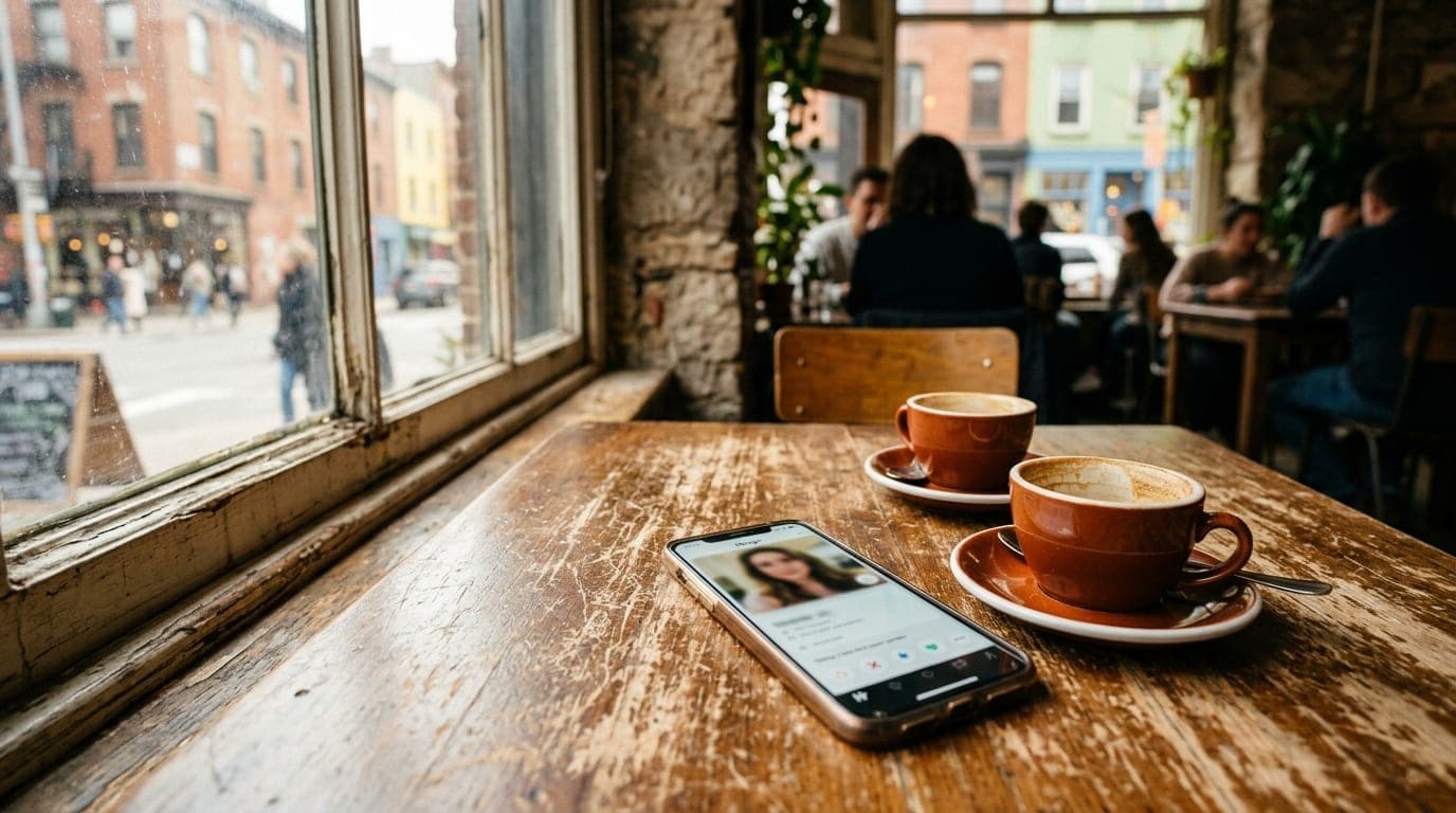 Noon natural light filters through a window onto a worn wooden table at a local cafe. A smartphone showing a Hinge profile...