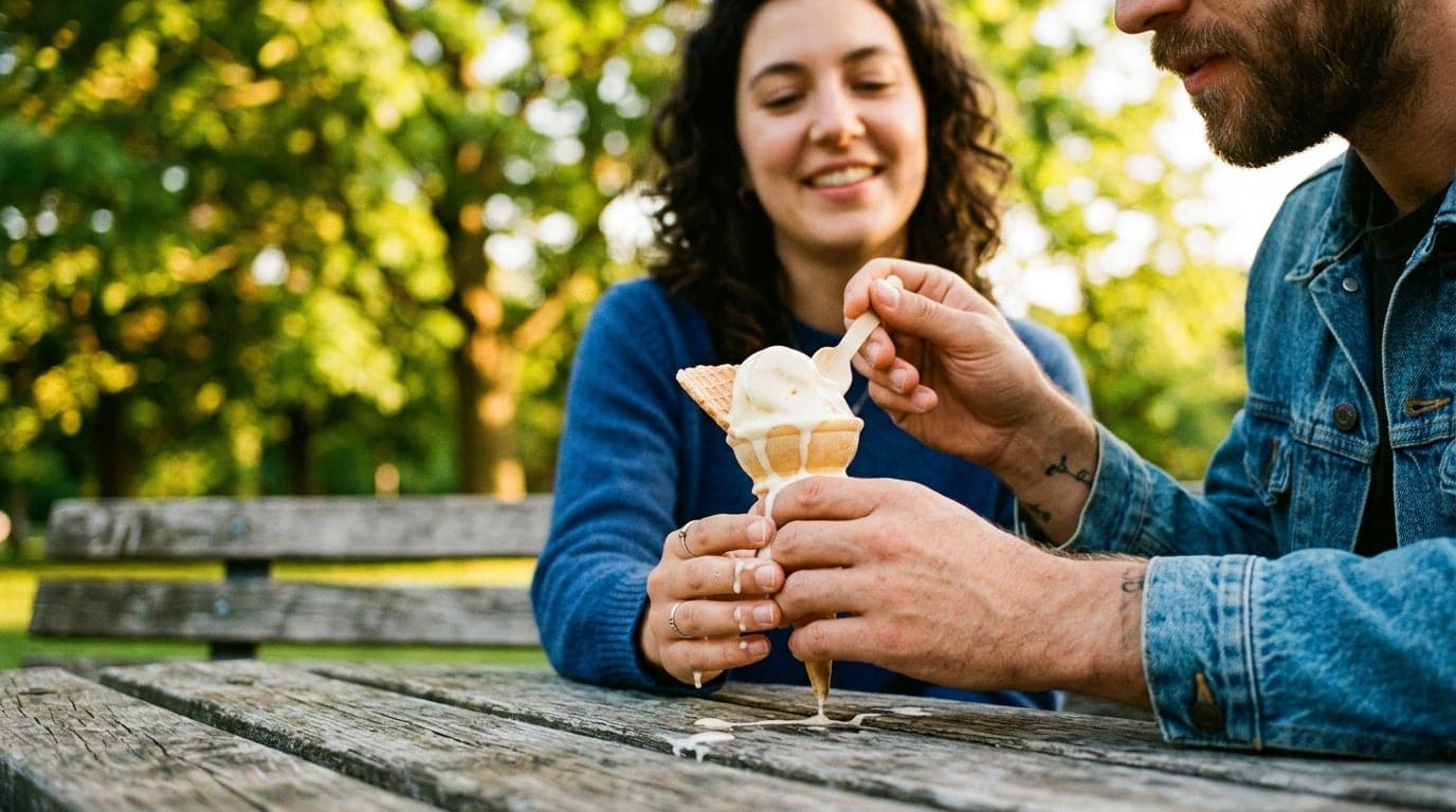 A 35mm documentary shot at golden hour. A couple shares a melting custard cone on a weathered Hessel Park bench, offset ri...