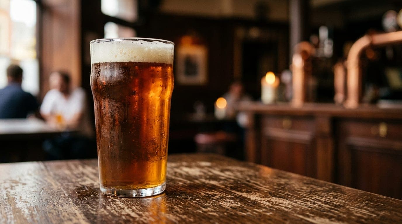 A close-up, 100mm macro shot captures a chilled pint glass of local craft beer sitting on a weathered wooden patio table a...