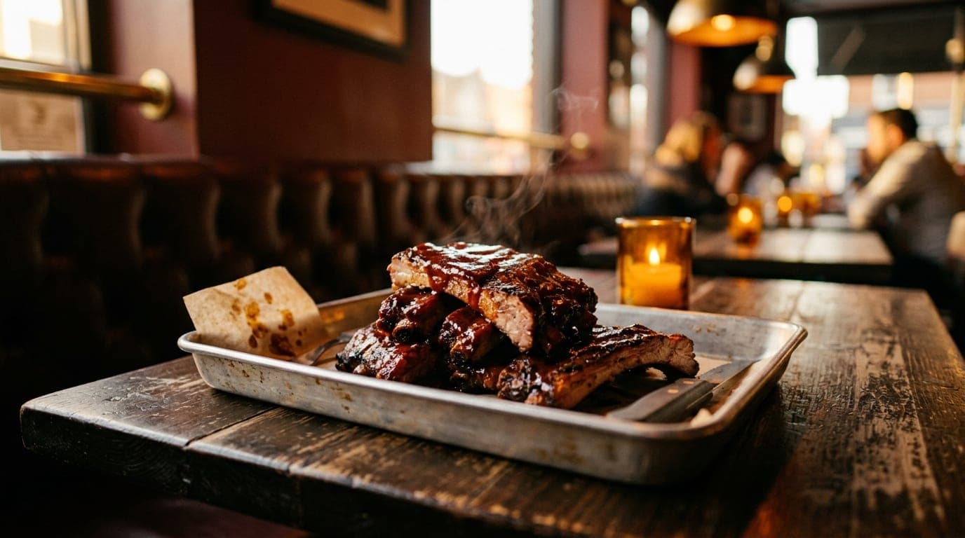 A tilt-shift macro shot focuses on a metal tray of messy Black Dog barbecue, golden hour sunlight highlighting steam risin...
