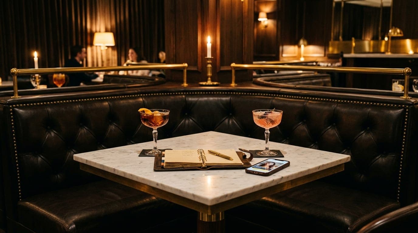 Low-angle symmetric shot of a leather booth in a dim Chandler lounge. A planner, a smartphone displaying a Bumble profile,...