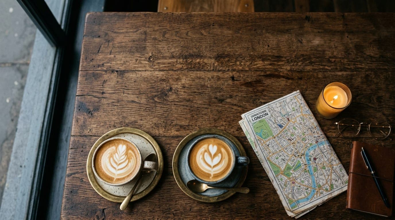 An overhead flat-lay of a reclaimed wood table at a coffee shop. Two ceramic mugs with latte art and a folded downtown map...
