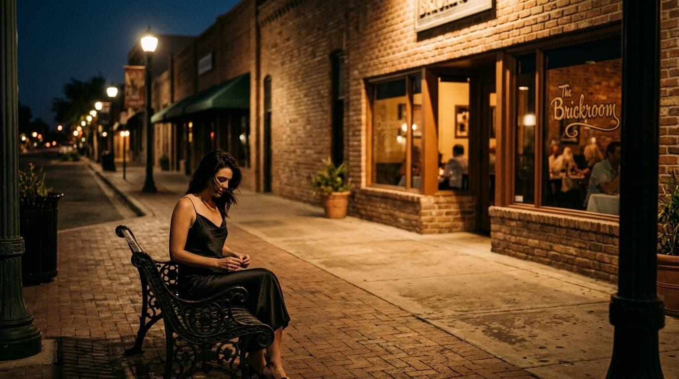 A lone woman in a silk slip dress sits on a wrought-iron bench in Downtown Chandler. Warm tungsten light spills from a nea...