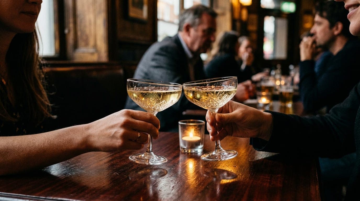 A candle-lit, tight close-up of two crystal coupes clinking on a dark, polished mahogany table at The Ostrich. In the blur...