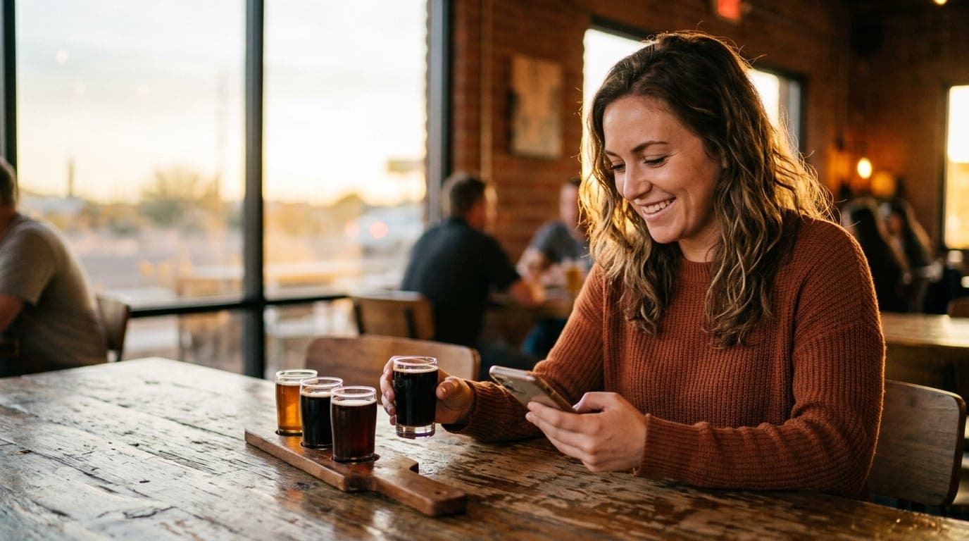 A woman sits at a rustic Chandler brewery table at 8:00 PM, holding a seasonal craft beer flight, smiling at her phone whi...