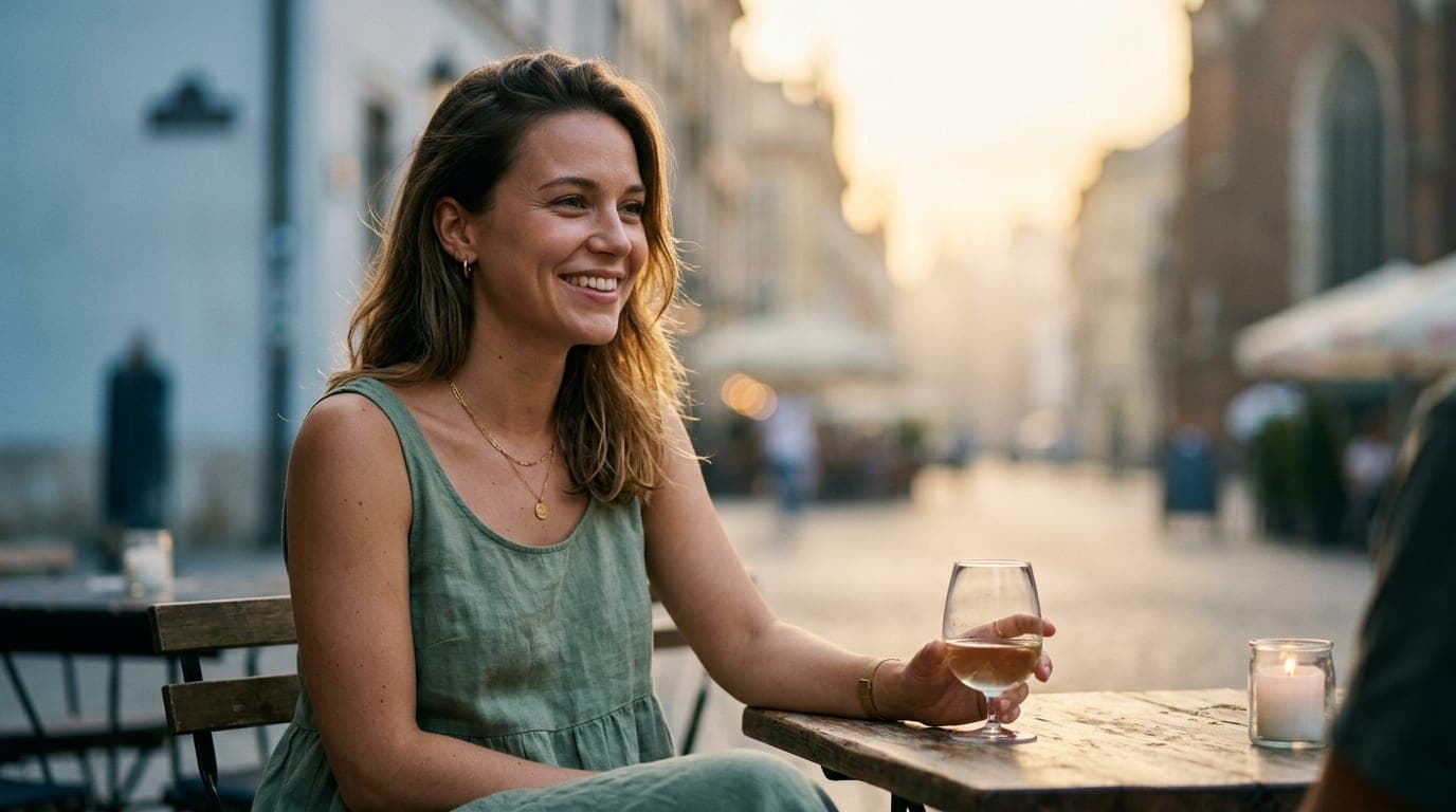 An 85mm portrait captures a woman in a sage linen sundress, holding a stemless wine glass at a candlelit table, soft golde...