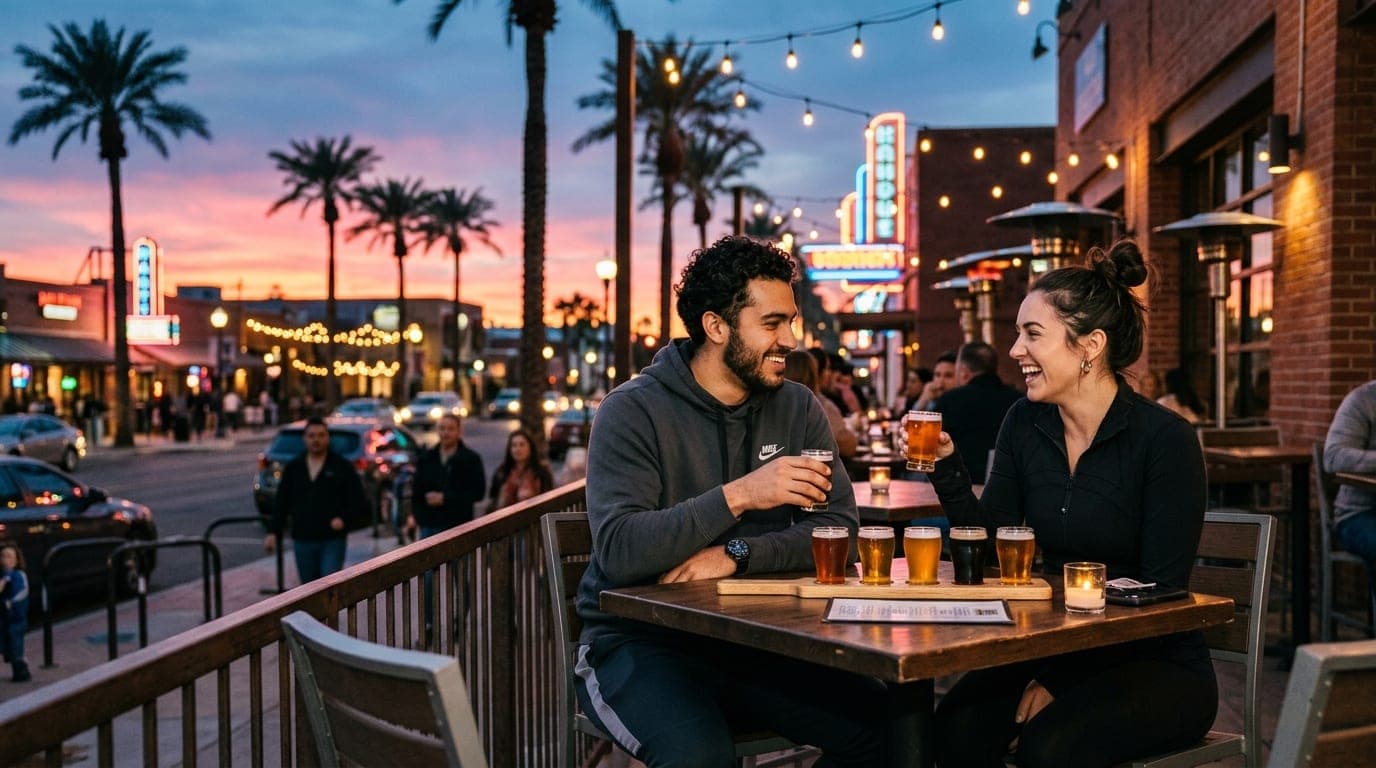 A couple in athletic wear shares a craft beer flight on a patio table. Behind them, the glowing Chandler sunset silhouette...