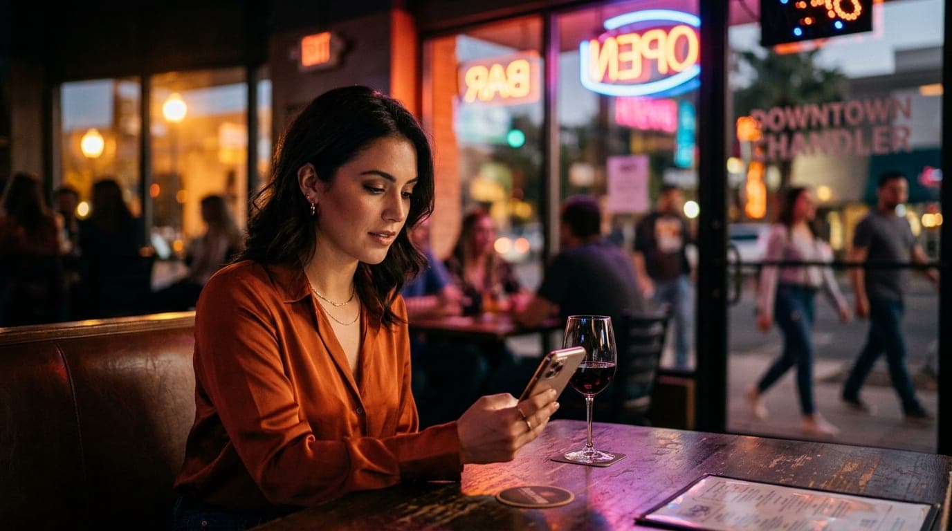 An 85mm portrait captures a woman in a silk blouse looking at her smartphone at a bustling, brightly lit downtown Chandler...