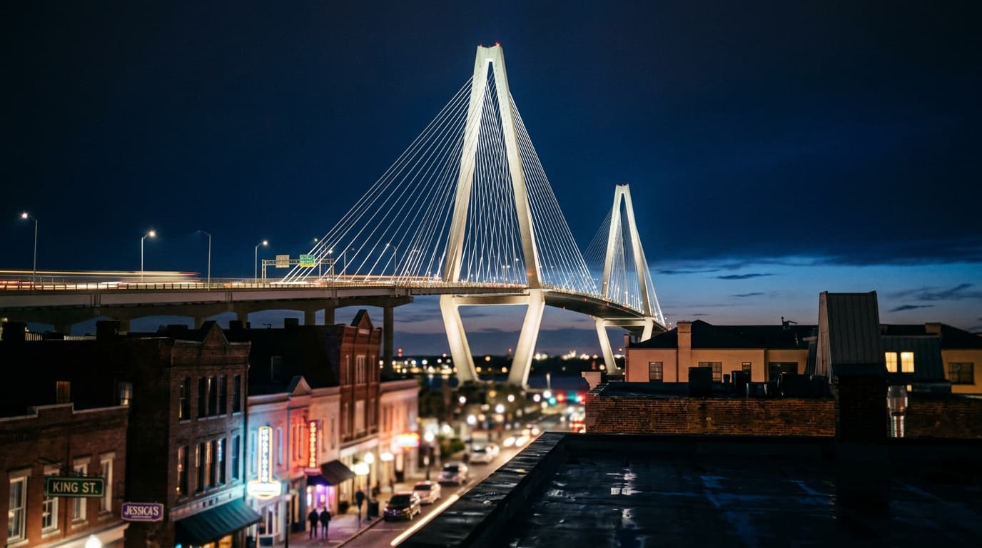 A low-angle, midnight-lit shot of the Ravenel Bridge’s soaring white cables converging upward, framed by the blurred, glow...