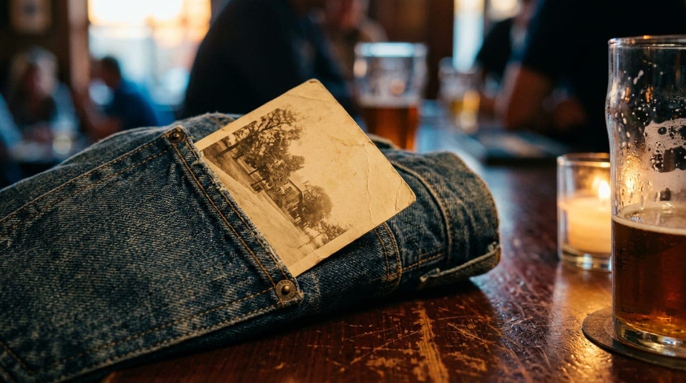 Extreme 100mm macro shot of a weathered vintage postcard tucked inside a worn denim jacket pocket, resting on a scratched...