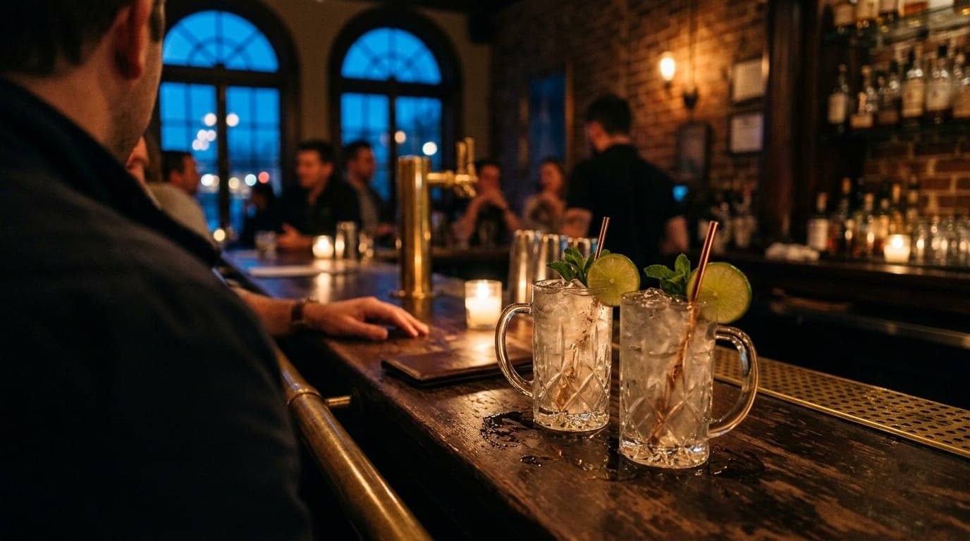 Over-the-shoulder perspective at a dim Charleston bar, focusing on two crystal Moscow Mule mugs with condensation dripping...