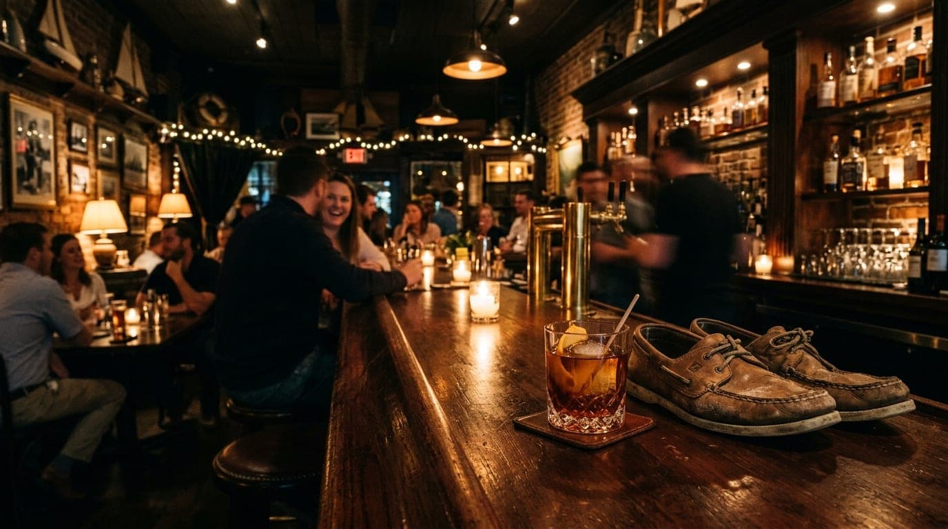 A wide, 35mm night shot of a dark Charleston bar. A polished cocktail sits next to a pair of weathered, salt-stained boat...