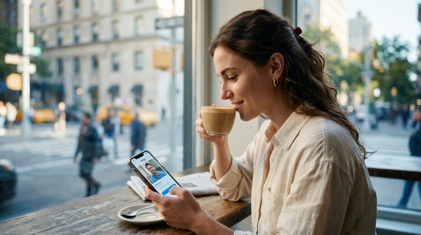 A woman in a cream linen shirt sits at a sunny Uptown café window, sipping a latte while her phone screen clearly shows a...