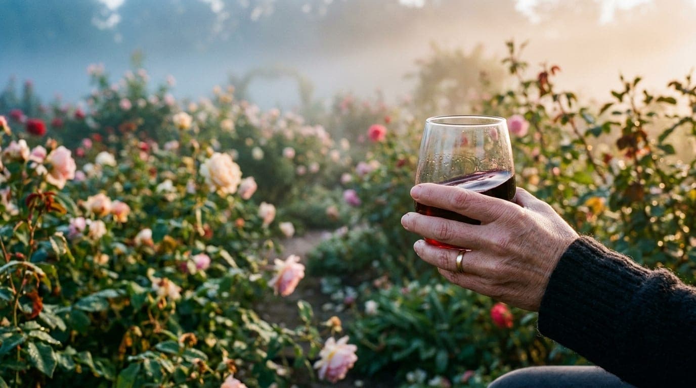 Extreme close-up, 35mm documentary shot during golden hour. A hand holds a stemless wine glass containing red wine, positi...