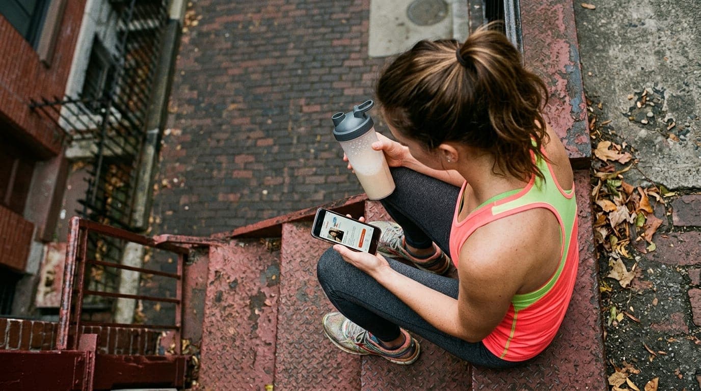 A woman in a neon-colored athletic tank top sits on a rusted iron stoop in South End, balancing a protein shake and an ope...