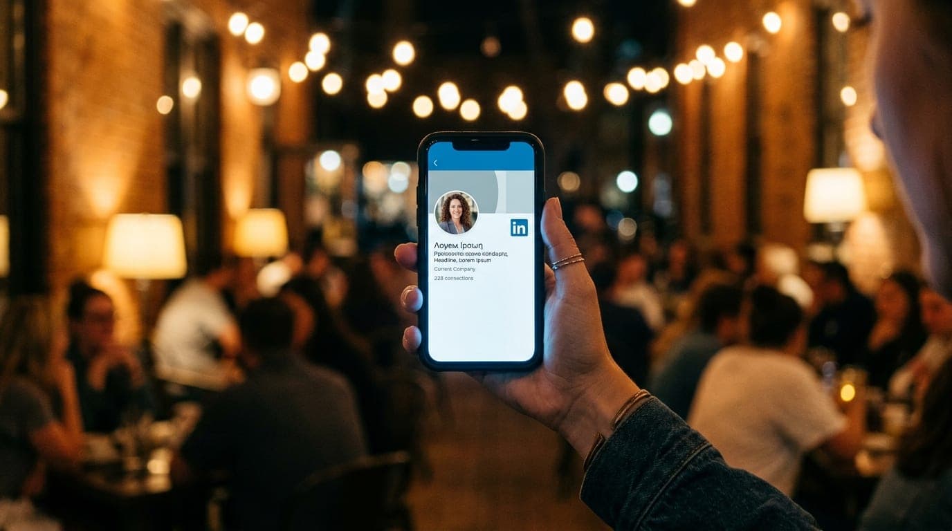 A 100mm macro shot captures a woman’s hand clutching a smartphone screen displaying a LinkedIn profile, framed against the...