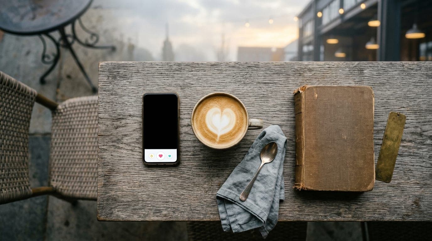Overhead flat-lay on a weathered wooden table at Optimist Hall: a smartphone displaying a Tinder profile, a steaming craft...