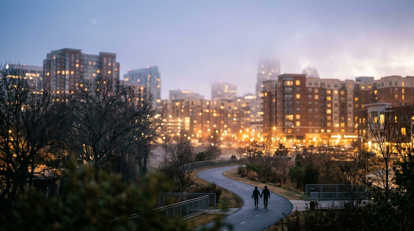 A wide shot of the Rail Trail at dusk. A couple walks along the paved path, their silhouettes small against the blurred, w...