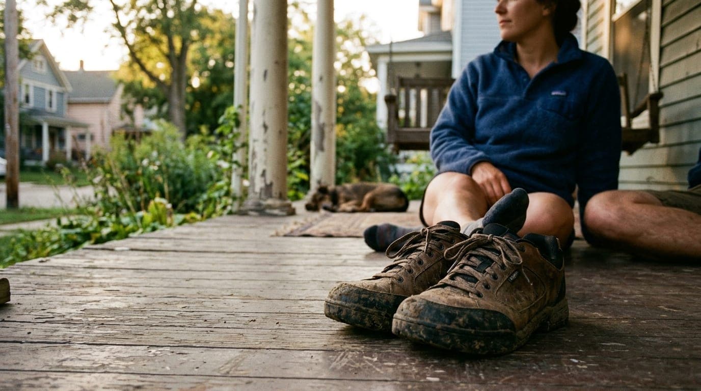 A 35mm documentary shot at golden hour: a couple sits on a North Shore porch swing, one wearing a sun-faded Patagonia flee...