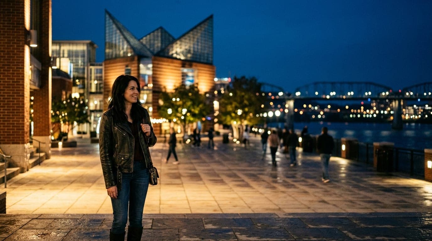 Blue hour, 85mm shot of a woman in a leather jacket standing offset left on the brightly lit Tennessee Aquarium plaza. Sha...